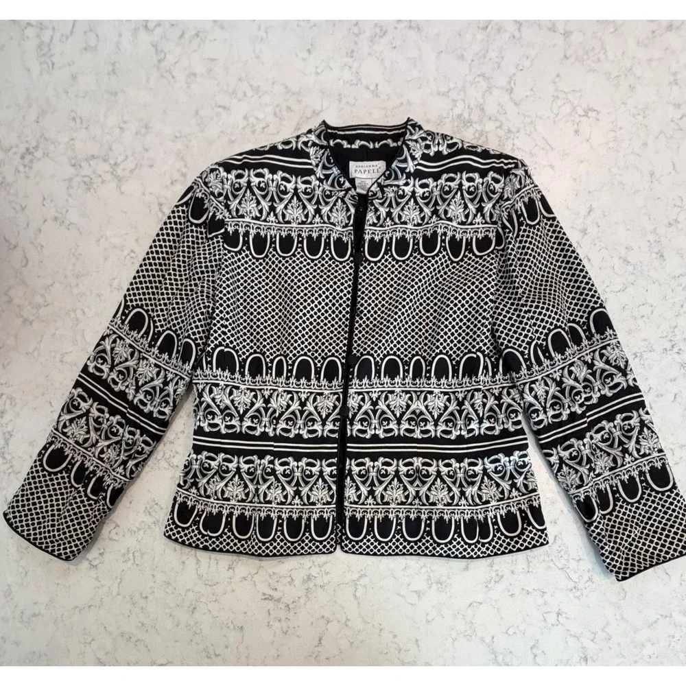 Adrianna Papell Silk Jacket Black White Baroque Sequin Blazer Size 14 Formal - Picture 1 of 4